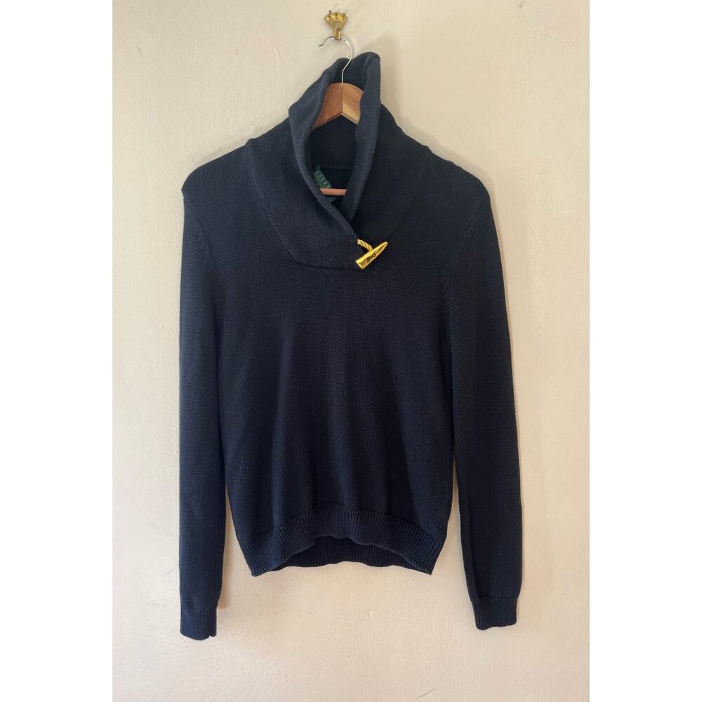 Ralph Lauren Sz XS or PM Green Label Shawl Collar Ribbed Sweater Gold Clasp